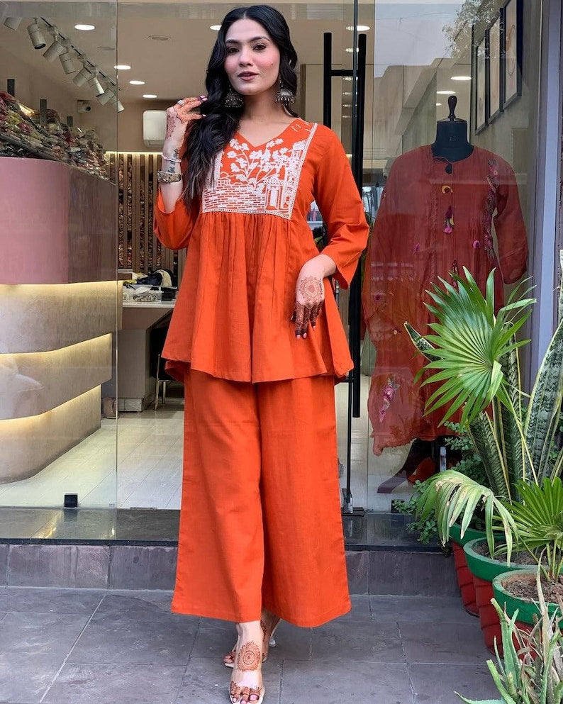 Orange Embroidered Cotton Kurta Pant Set For Women