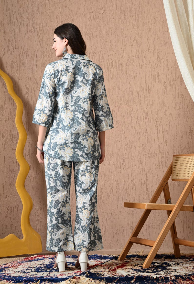 Grey Printed Cotton Co Ord Set For Women