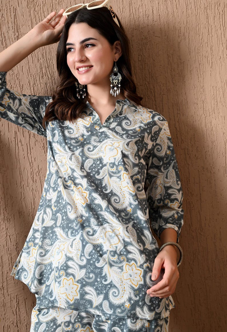 Grey Printed Cotton Co Ord Set For Women