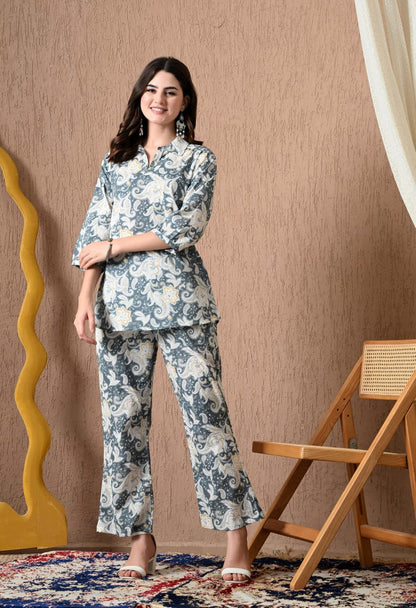 Grey Printed Cotton Co Ord Set For Women