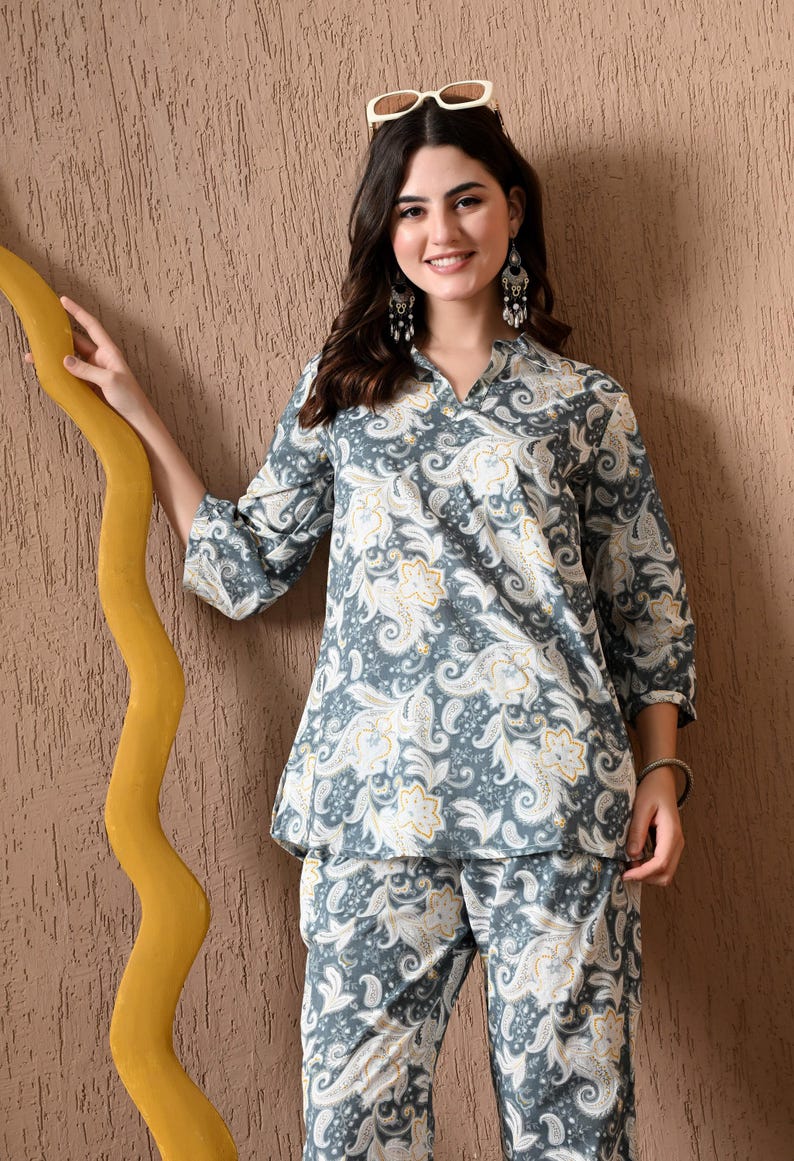 Grey Printed Cotton Co Ord Set For Women