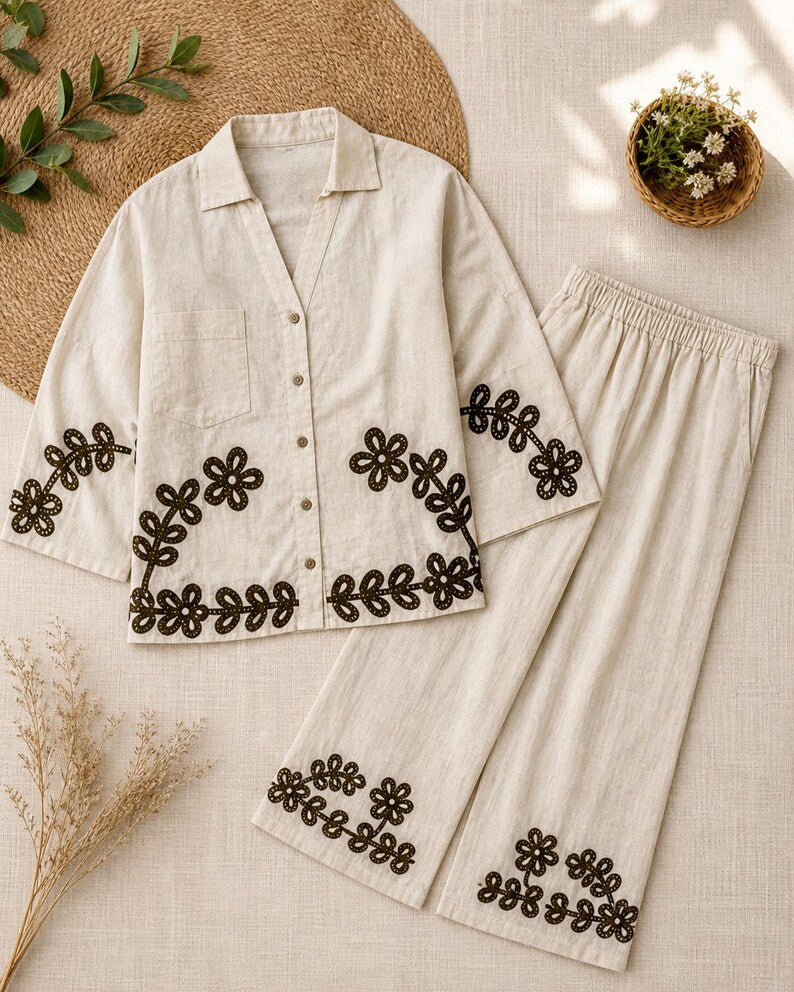 Hand Embroidered Cotton Co Ord Set Beige