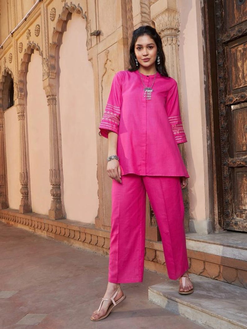 Fuchsia Women Co Ord Set Gold Embroidered