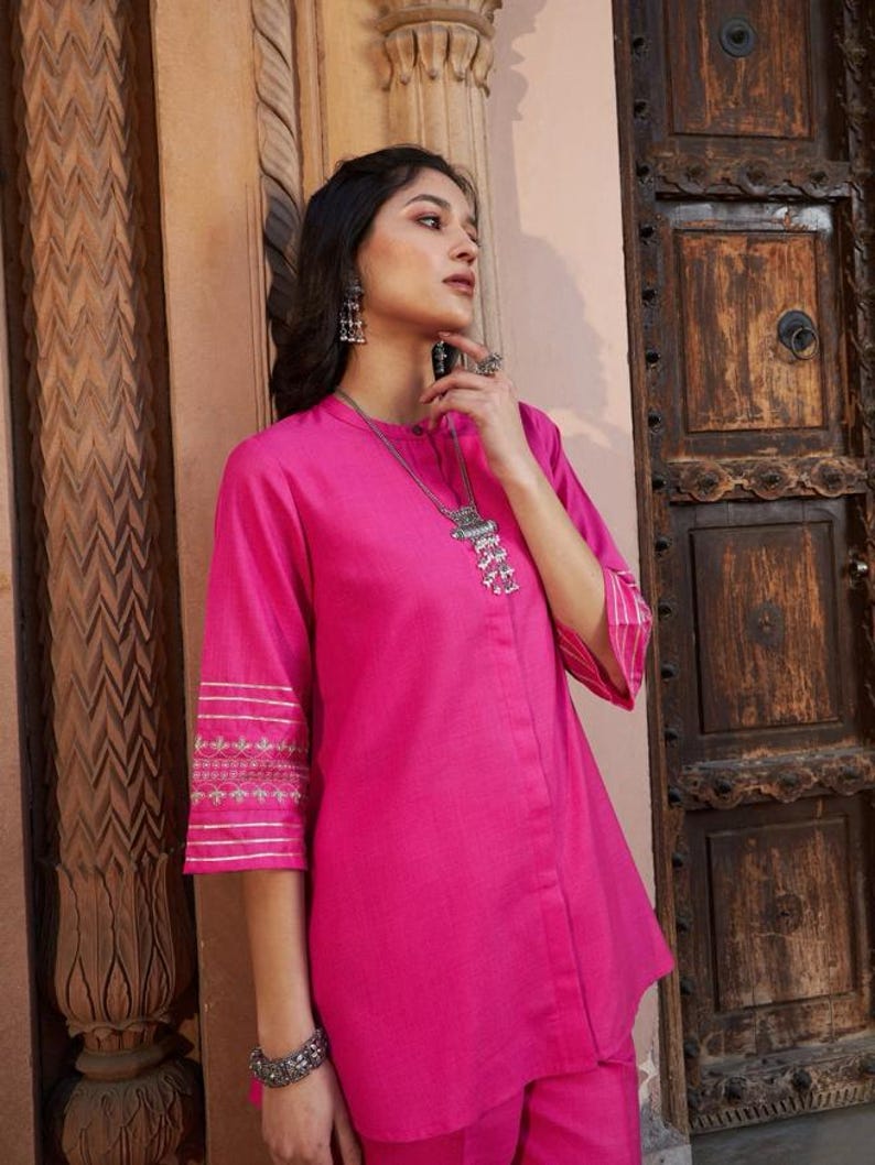 Fuchsia Women Co Ord Set Gold Embroidered