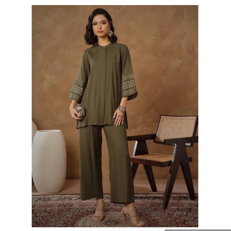 Olive Green Women Co Ord Set Gold Embroidered Tunic
