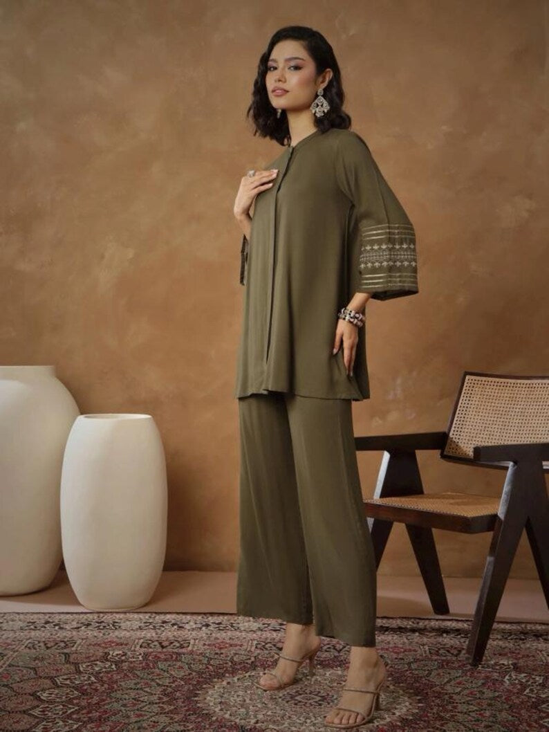 Olive Green Women Co Ord Set Gold Embroidered Tunic
