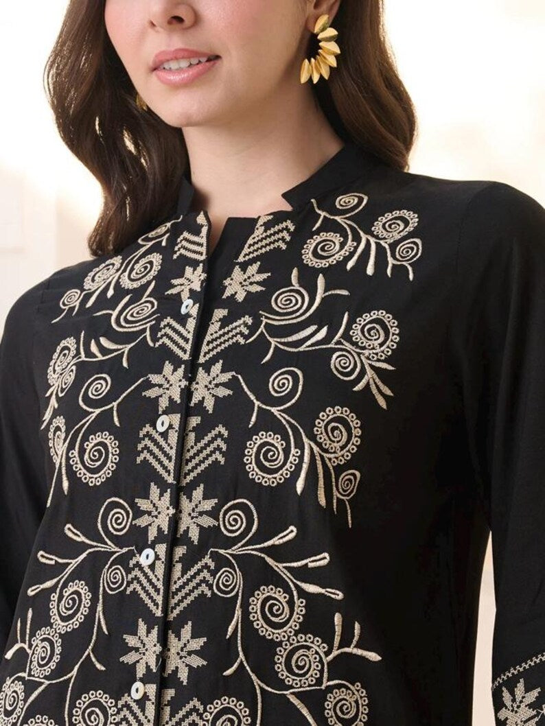 Black Embroidered Co Ord Set Mandarin Collar