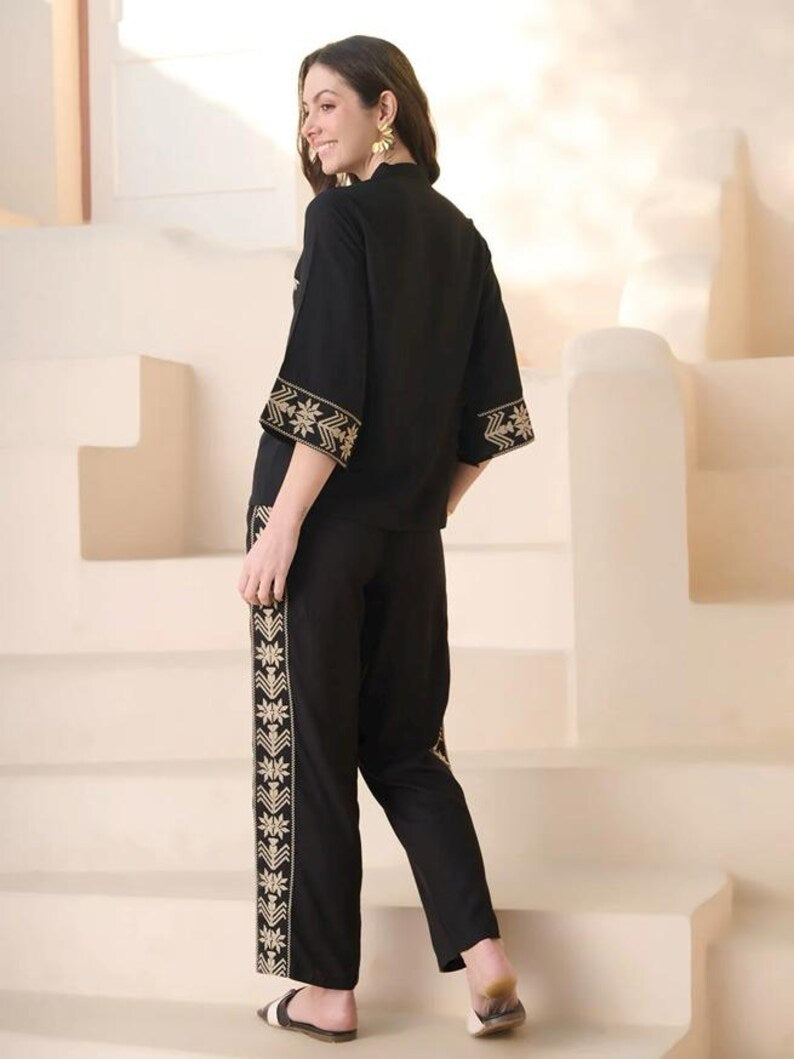 Black Embroidered Co Ord Set Mandarin Collar