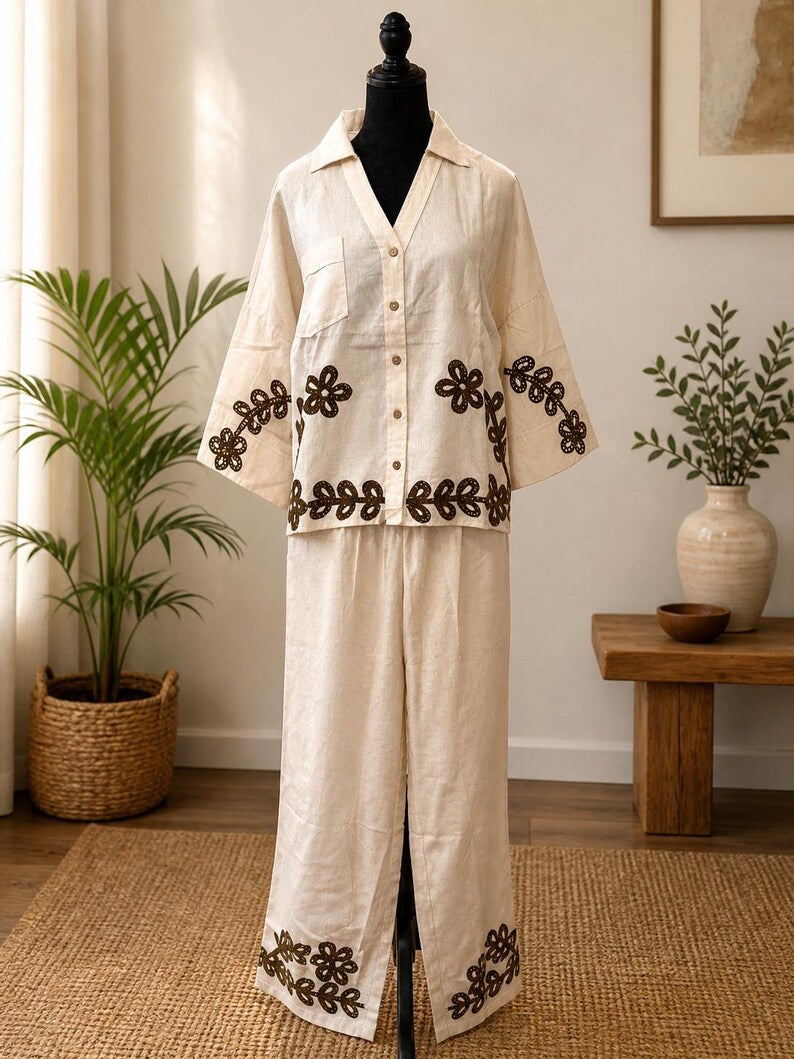 Hand Embroidered Cotton Co Ord Set Beige