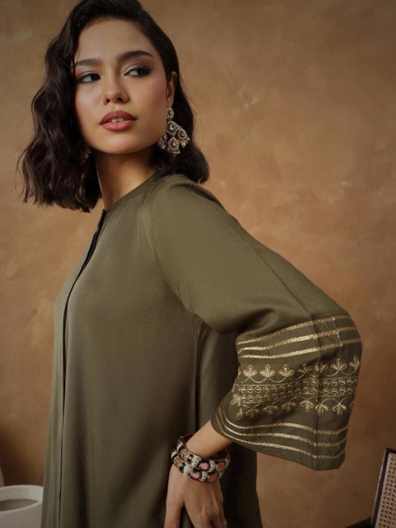 Olive Green Women Co Ord Set Gold Embroidered Tunic