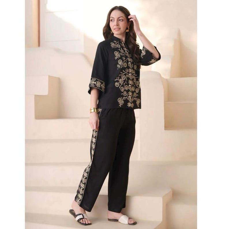 Black Embroidered Co Ord Set Mandarin Collar