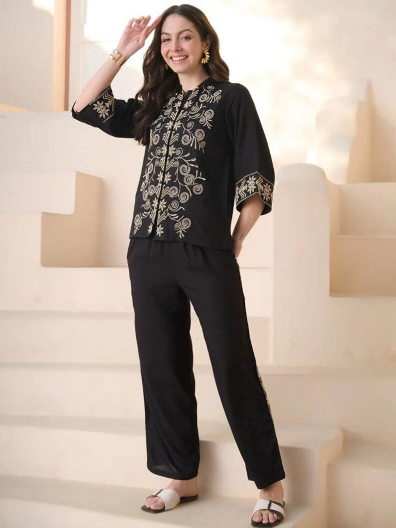 Black Embroidered Co Ord Set Mandarin Collar