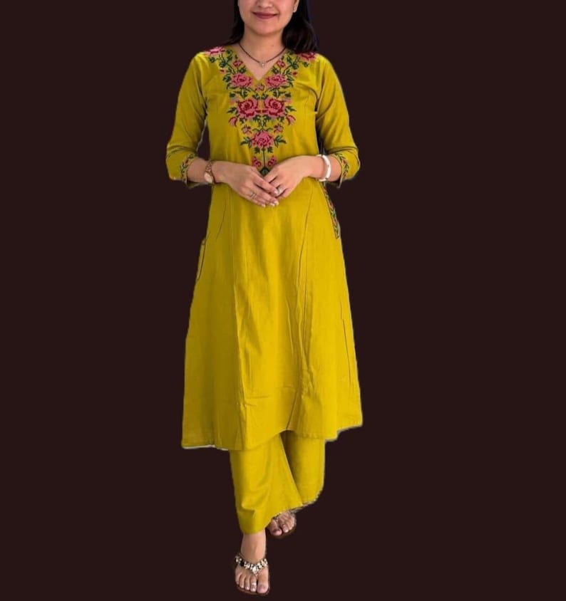 Yellow Cotton Kurta Palazzo Set For Women