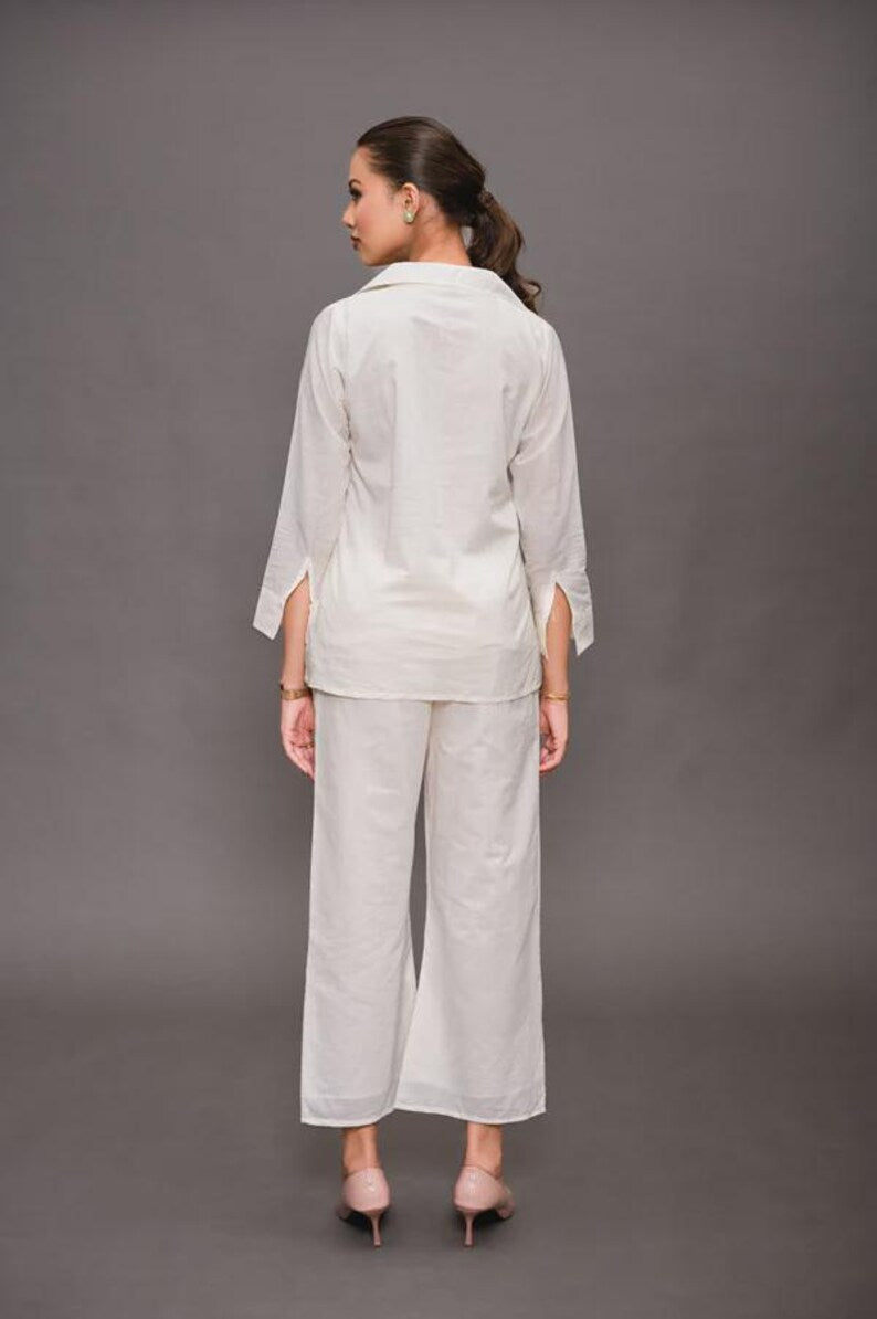 Cream White Embroidered Cotton Linen Co Ord Set