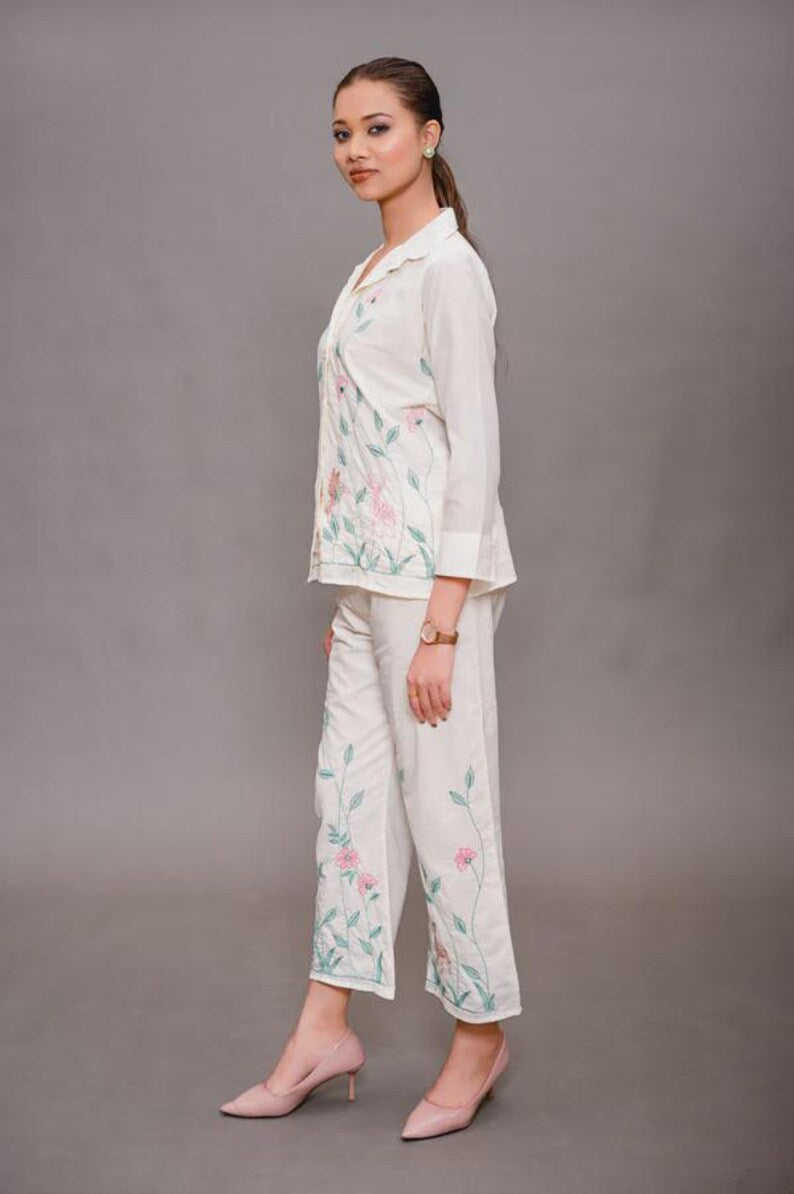 Cream White Embroidered Cotton Linen Co Ord Set