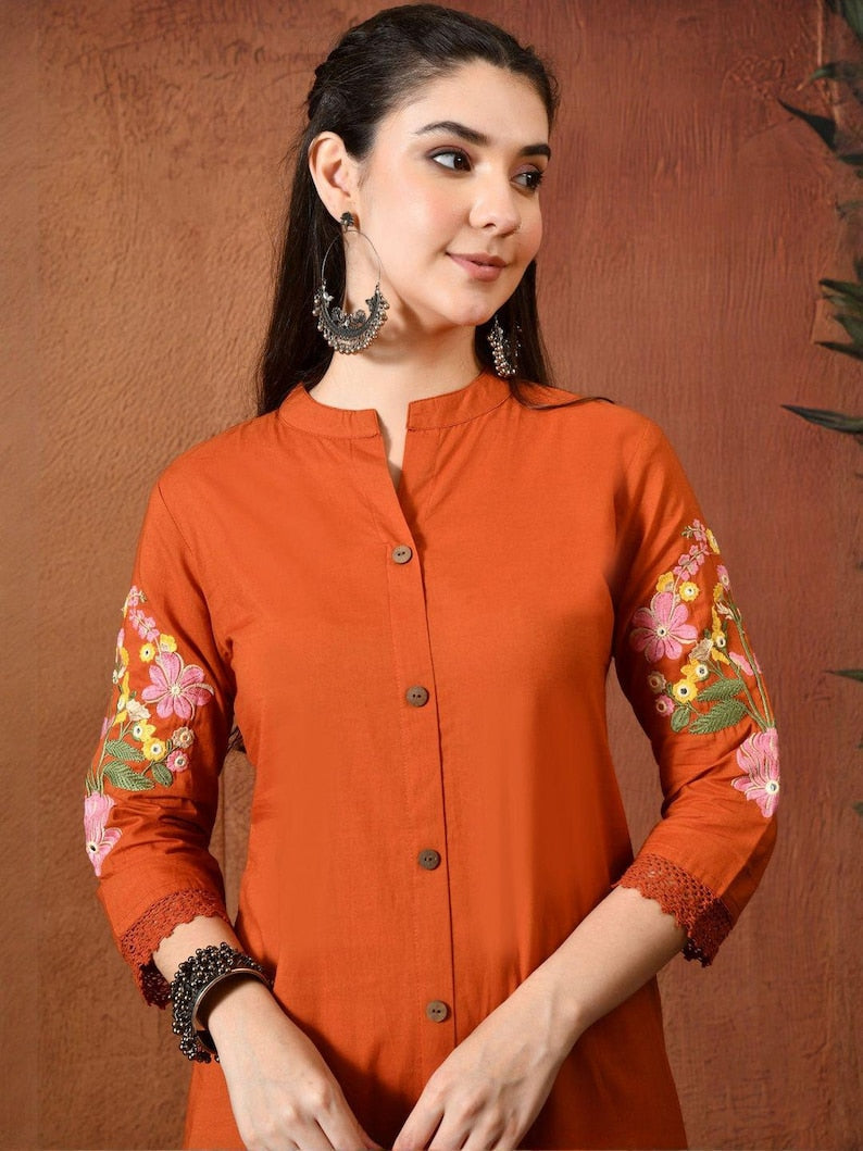 Orange Embroidered Kurta Set For Women