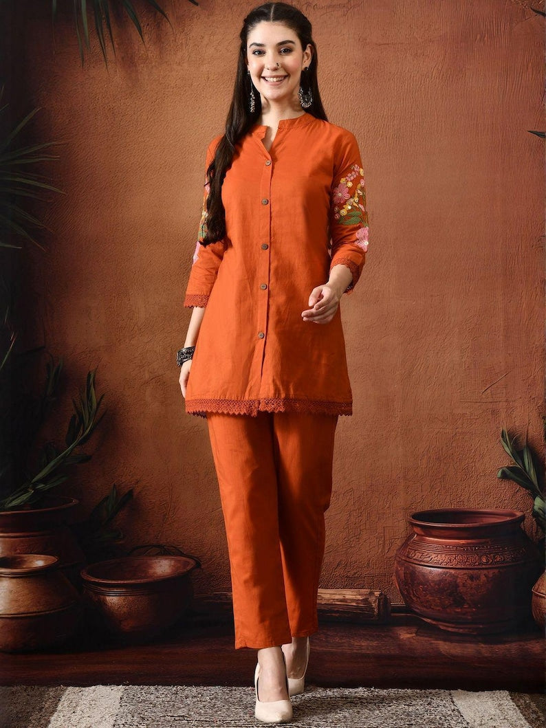 Orange Embroidered Kurta Set For Women