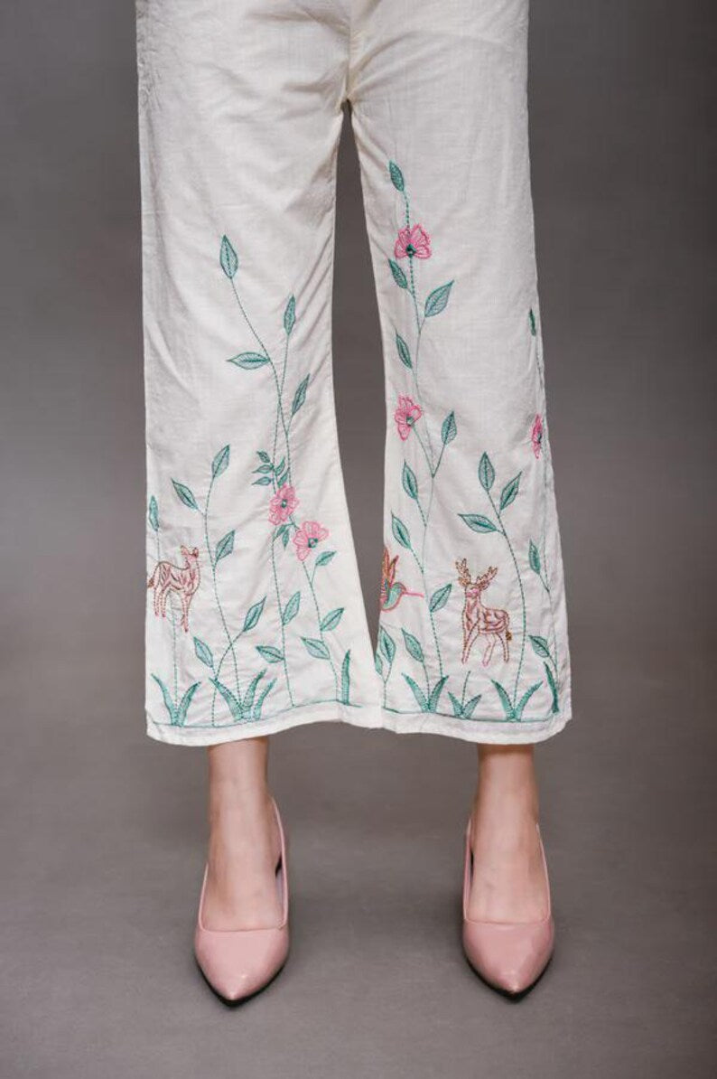 Cream White Embroidered Cotton Linen Co Ord Set