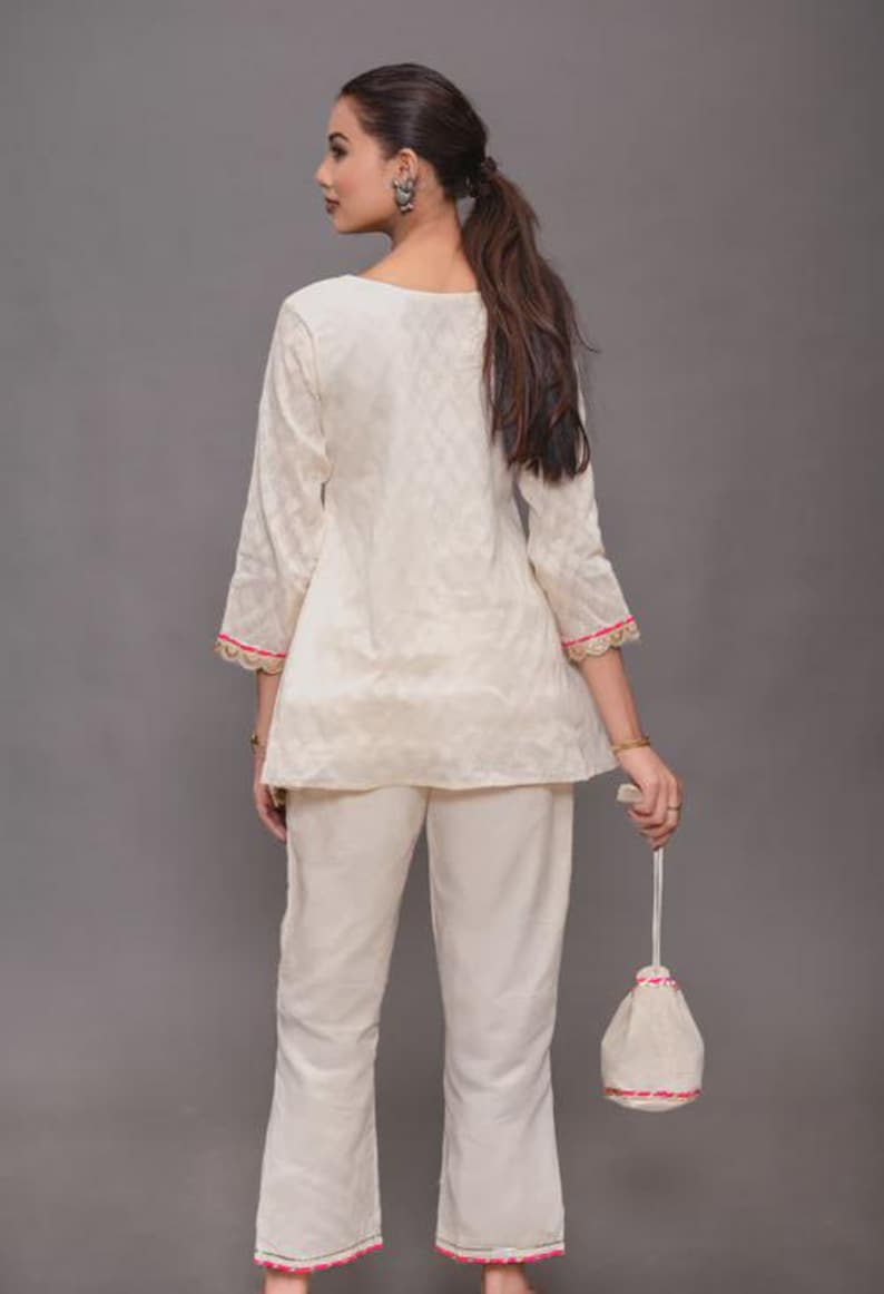 Beige Cotton Co Ord Set Handwork Lace For Women