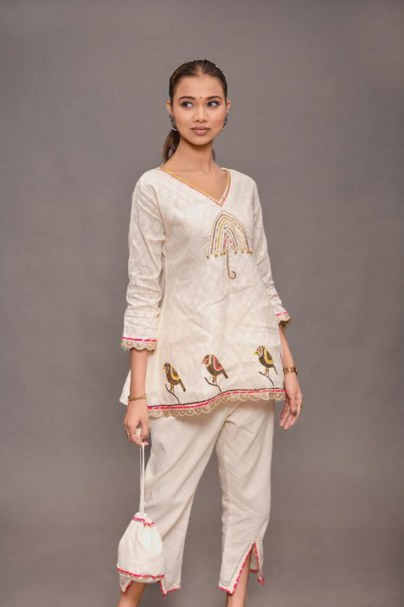Beige Cotton Co Ord Set Handwork Lace For Women