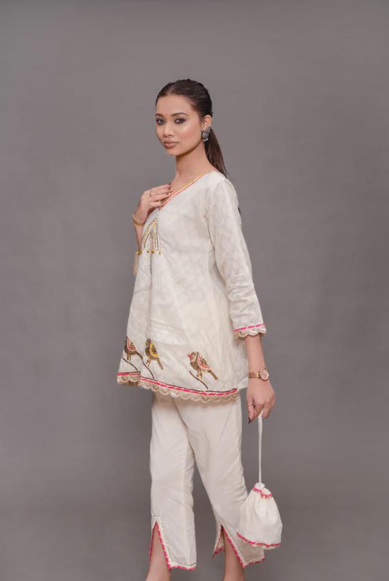 Beige Cotton Co Ord Set Handwork Lace For Women