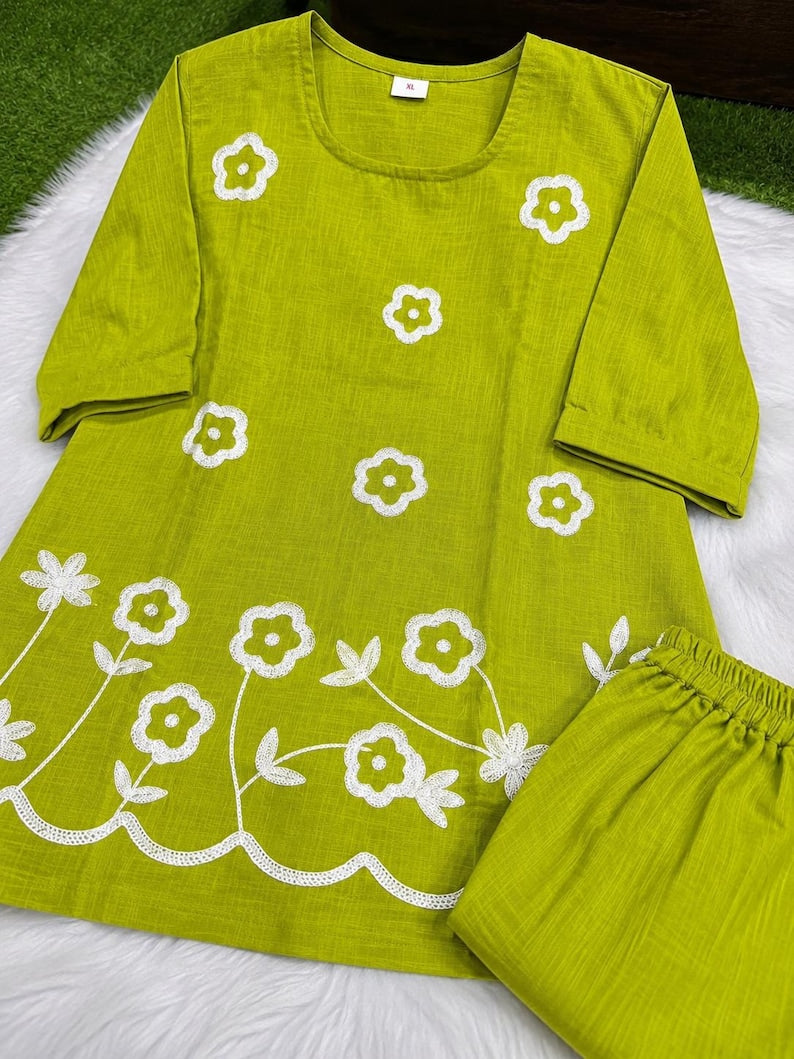Hand Embroidered Cotton Co Ord Set Khadi