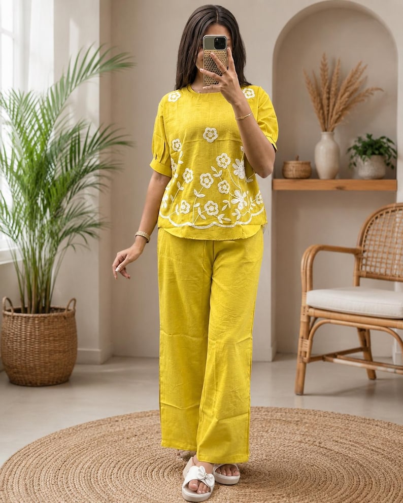 Hand Embroidered Cotton Co Ord Set Khadi