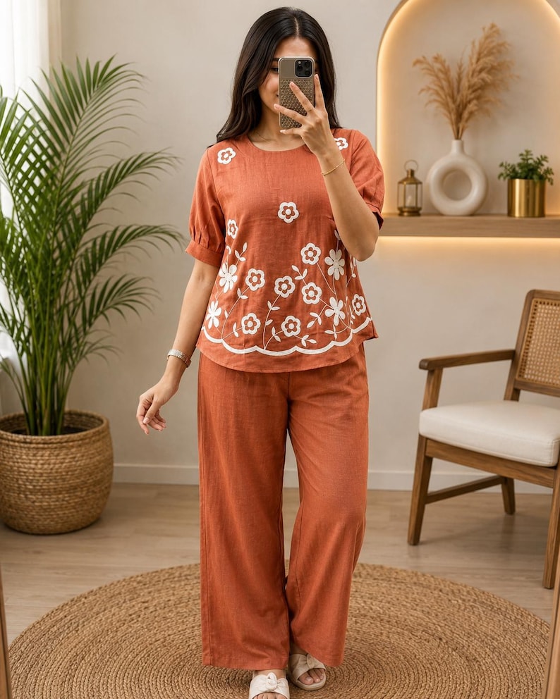 Hand Embroidered Cotton Co Ord Set Khadi