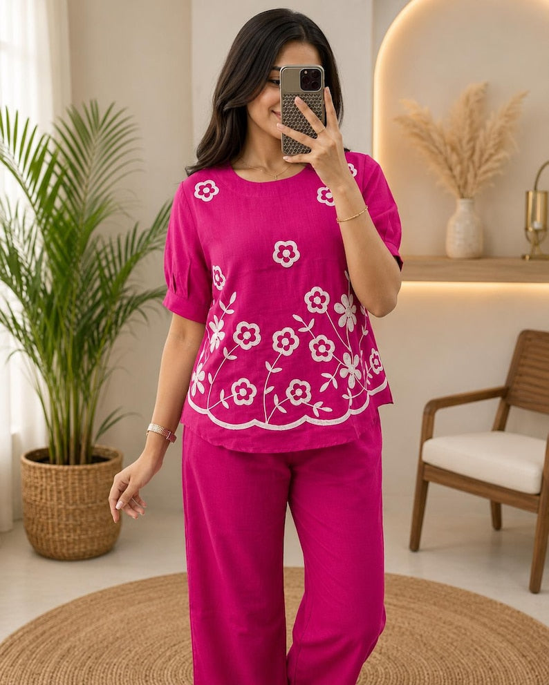Hand Embroidered Cotton Co Ord Set Khadi