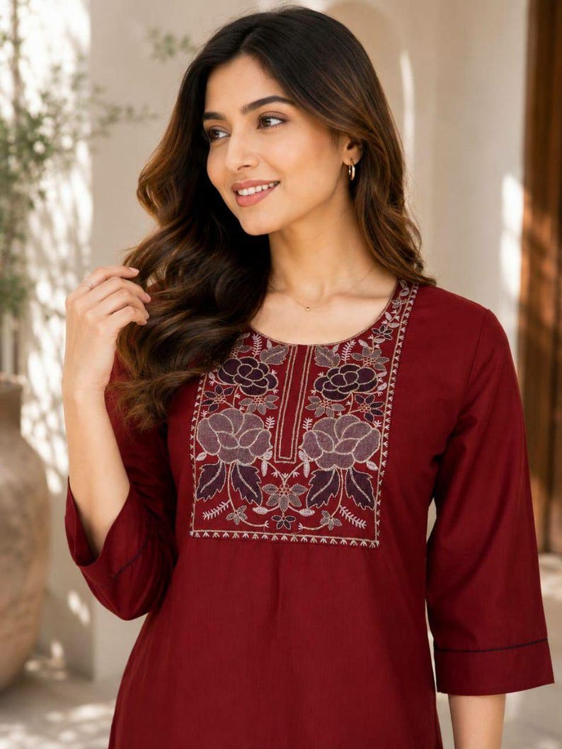 Floral Embroidered Cotton Kurti Set Two Piece