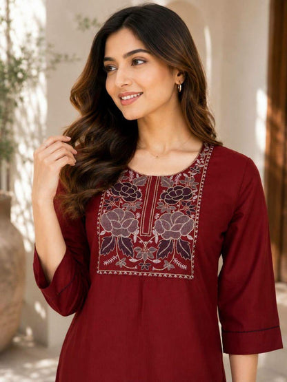 Floral Embroidered Cotton Kurti Set Two Piece