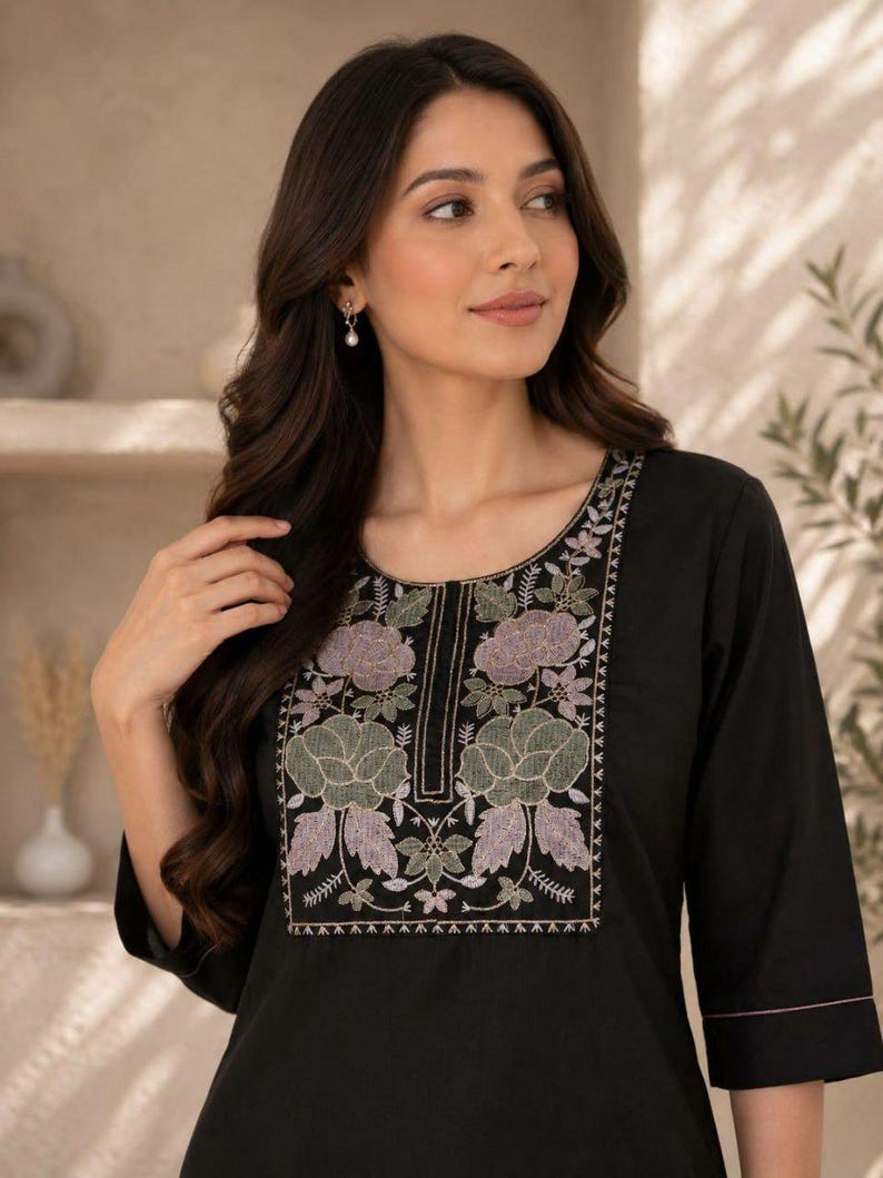 Floral Embroidered Cotton Kurti Set Two Piece