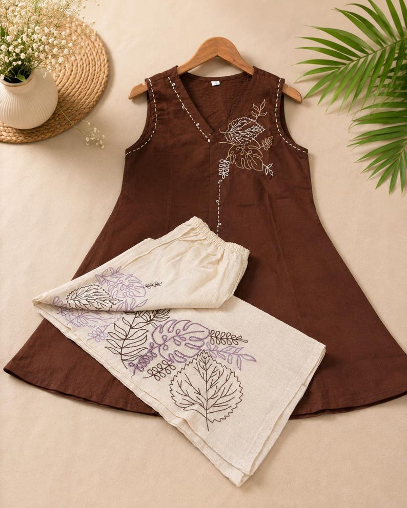 Embroidered Cotton Co Ord Set Brown For Women