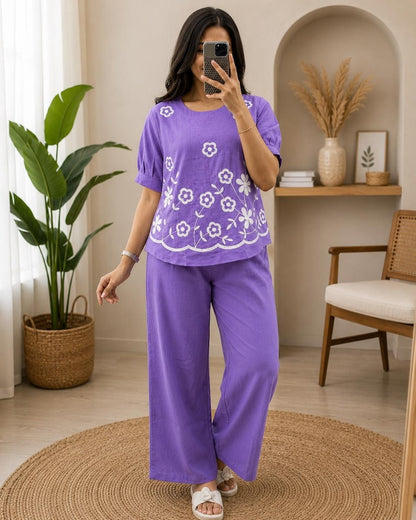 Hand Embroidered Cotton Co Ord Set Khadi