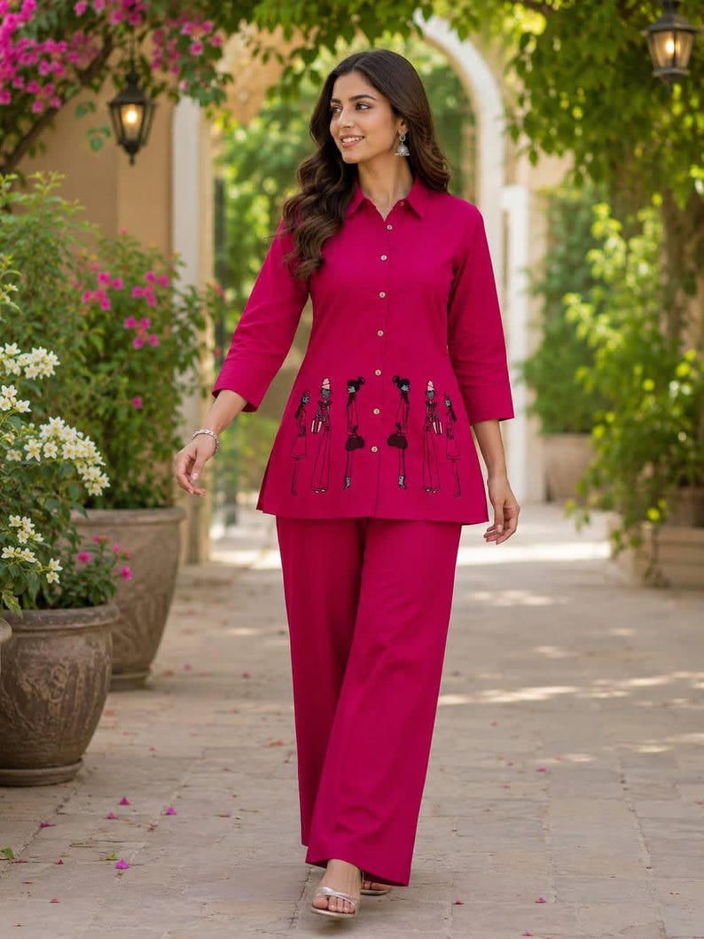 Magenta Pink Indo Western Women Co Ord Set