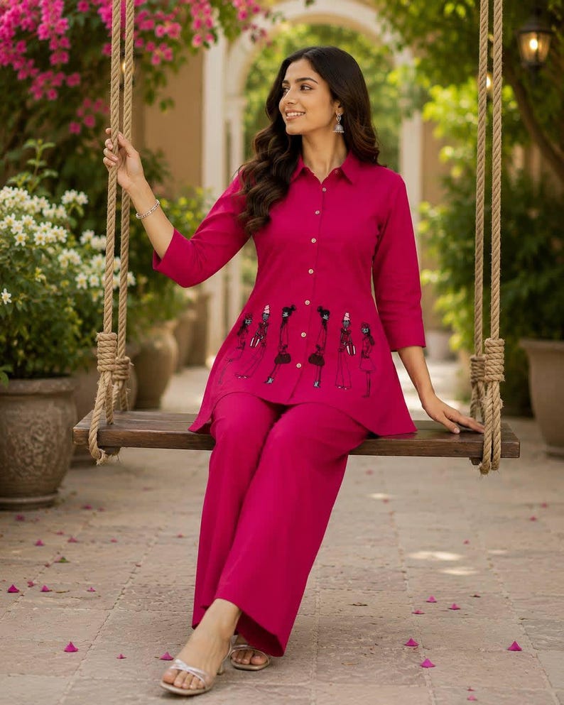 Magenta Pink Indo Western Women Co Ord Set