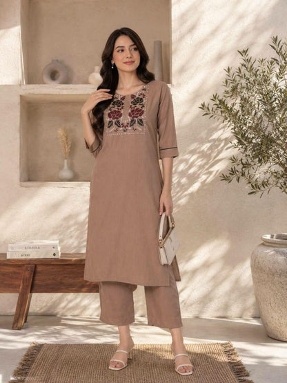 Floral Embroidered Cotton Kurti Set Two Piece