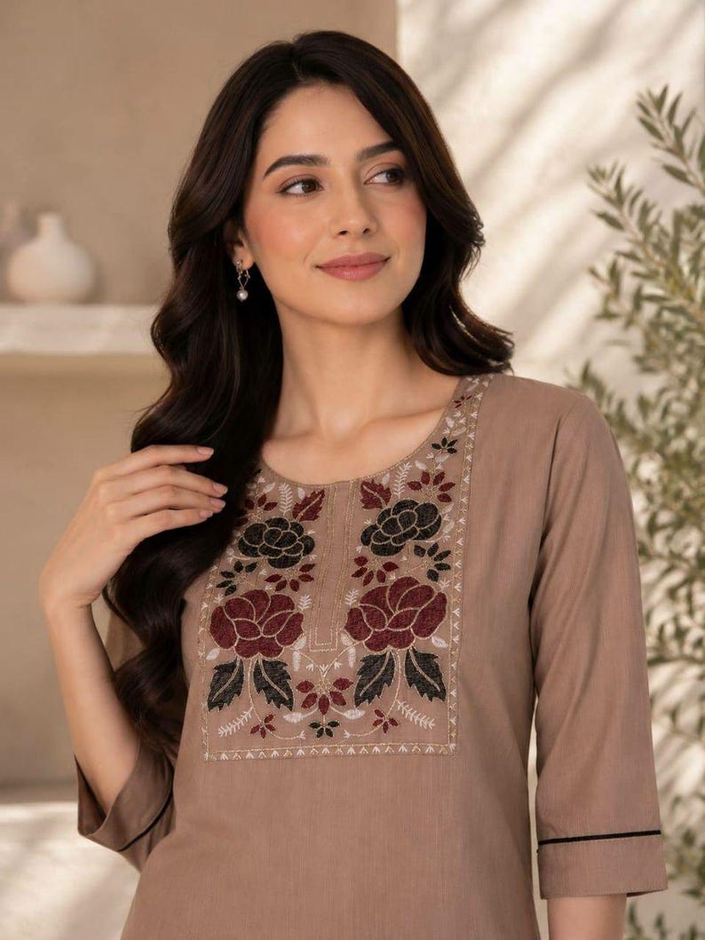 Floral Embroidered Cotton Kurti Set Two Piece