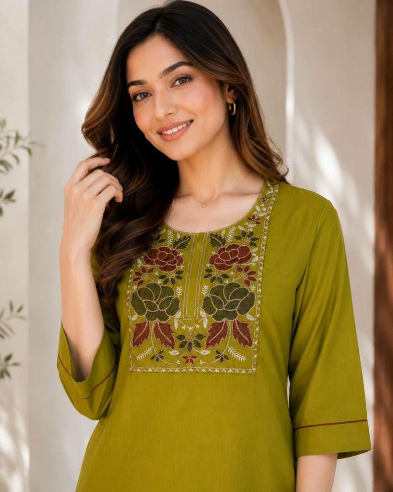 Floral Embroidered Cotton Kurti Set Two Piece