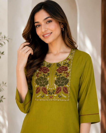 Floral Embroidered Cotton Kurti Set Two Piece