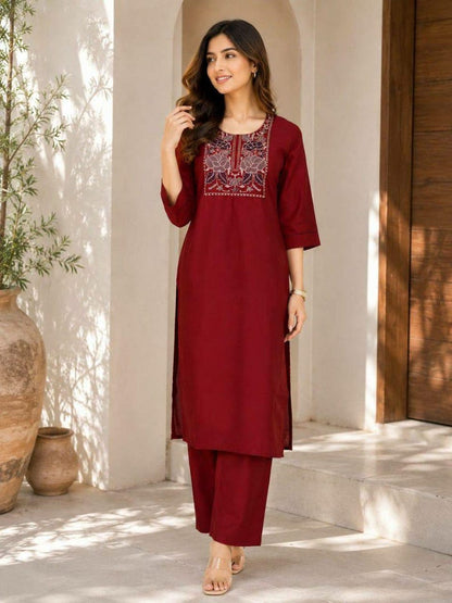 Floral Embroidered Cotton Kurti Set Two Piece