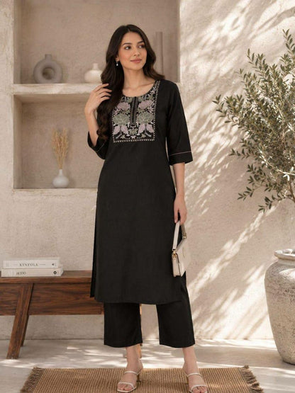 Floral Embroidered Cotton Kurti Set Two Piece
