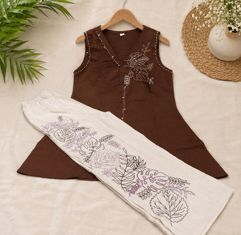 Embroidered Cotton Co Ord Set Brown For Women