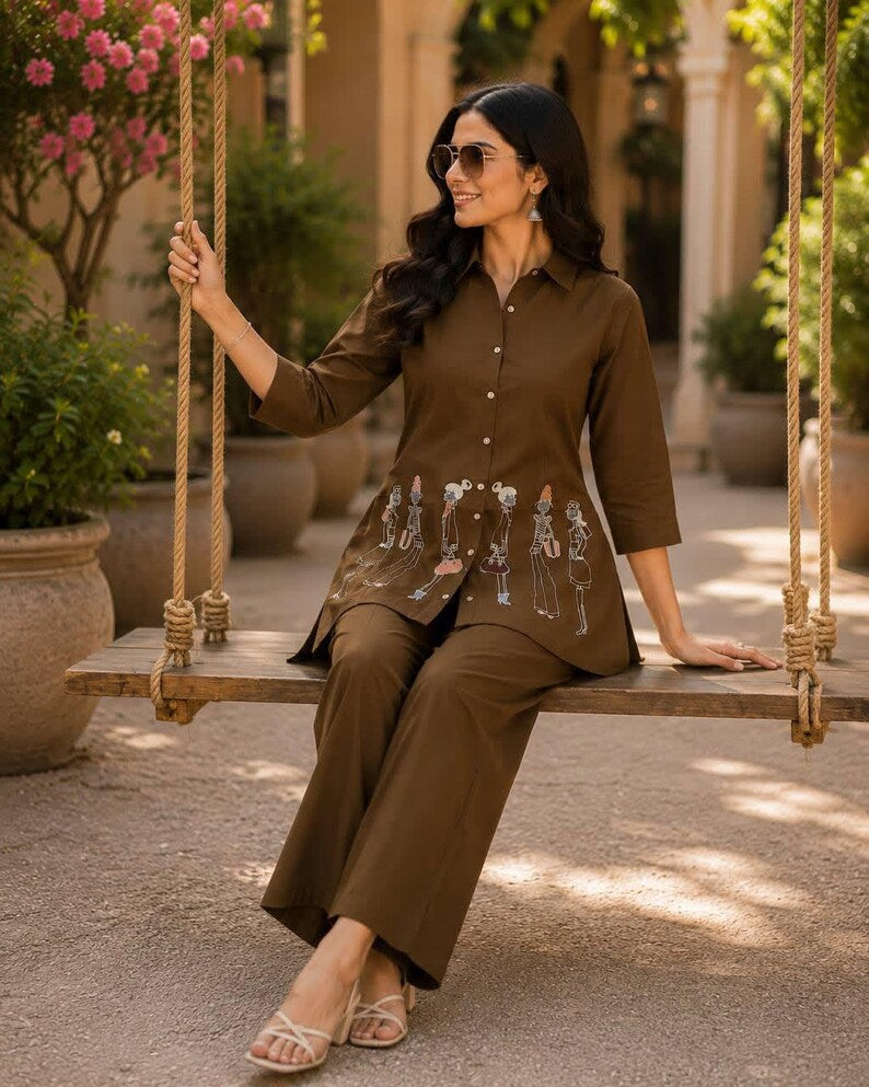 Brown Cotton Co Ord Set For Women Ethnic Indian