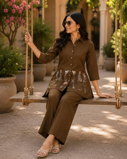 Brown Cotton Co Ord Set For Women Ethnic Indian