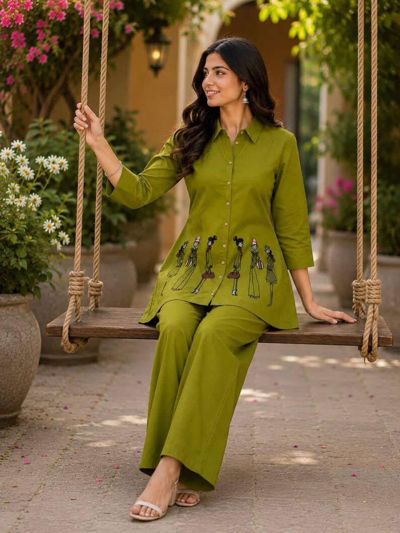 Olive Green Indo Western Women Co Ord Set