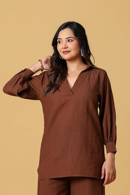 Brown Cotton Linen Tunic And Wide Leg Pants