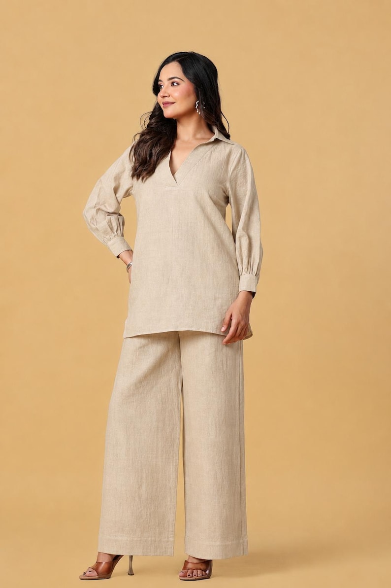 Brown Cotton Linen Tunic And Wide Leg Pants