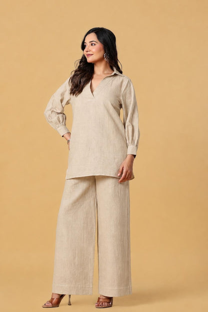 Brown Cotton Linen Tunic And Wide Leg Pants