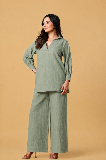 Brown Cotton Linen Tunic And Wide Leg Pants